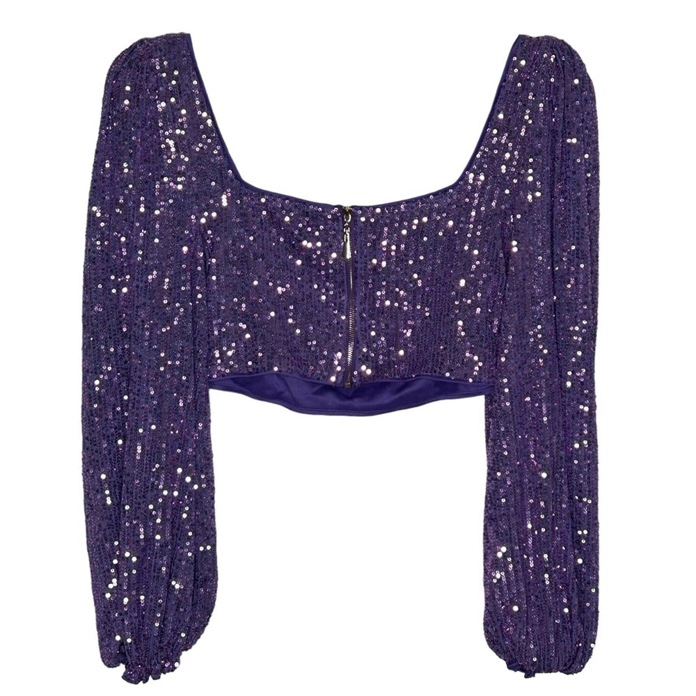 Faeriesty Purple Sequin Balloon Sleeve Crop Top - Picture 3 of 12